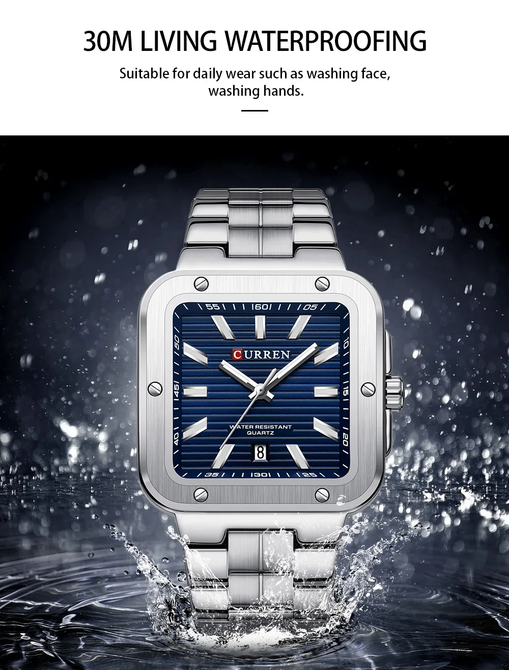 CURREN Einzigartige Quadratische Herrenuhr mit Grünem Zifferblatt - Edelstahlarmband, Business-Casual-Stil Quarz-Armbanduhren für Männer – Detail 4