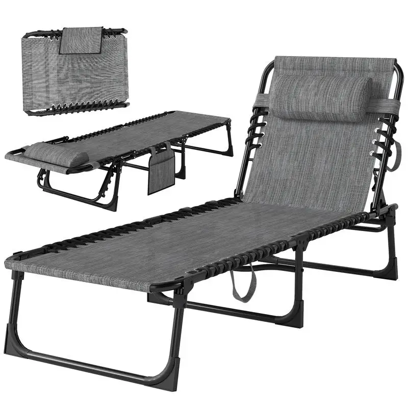 Outdoor Folding Chaise Lounge, Reclining Lounge Chair with Adjustable Backrest and Removable Pillow, Mixed Grey