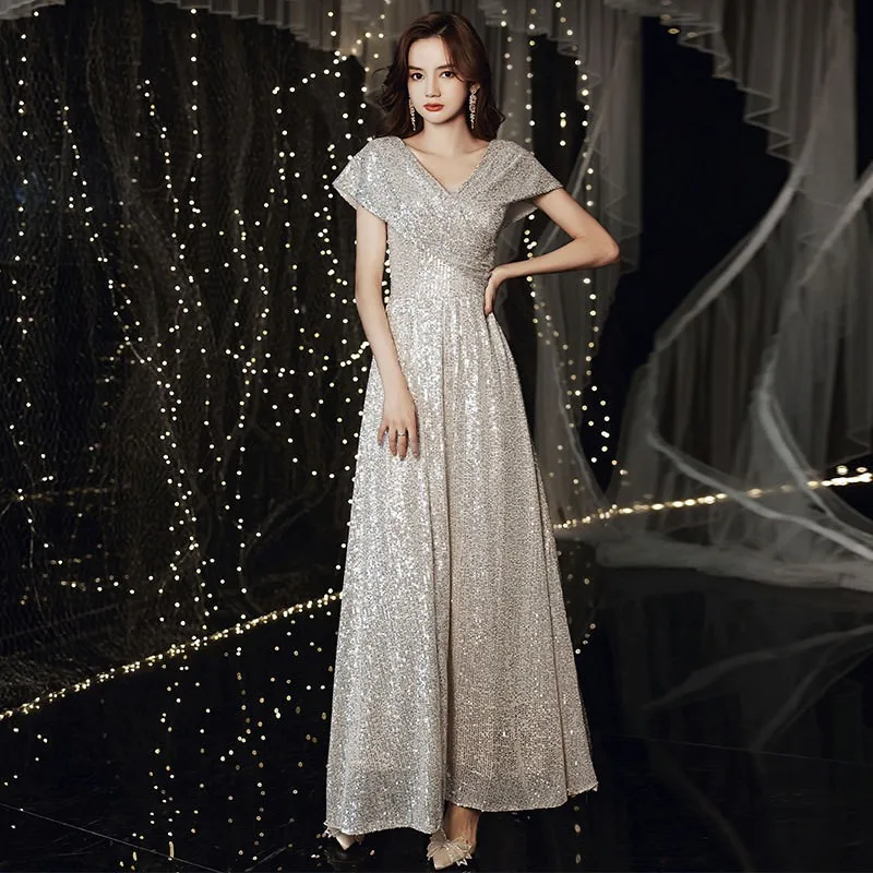 European and American Banquet Evening Dress2025new Champagne Color Sequin Temperament Queen Aura Socialite Host Dress Looks Slim