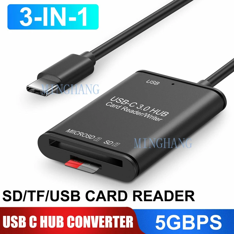 

M USB 3.0 Type C To SD/TF Card Reader Adapter USB C 3 in 1 Hub Converter Up 5Gbps