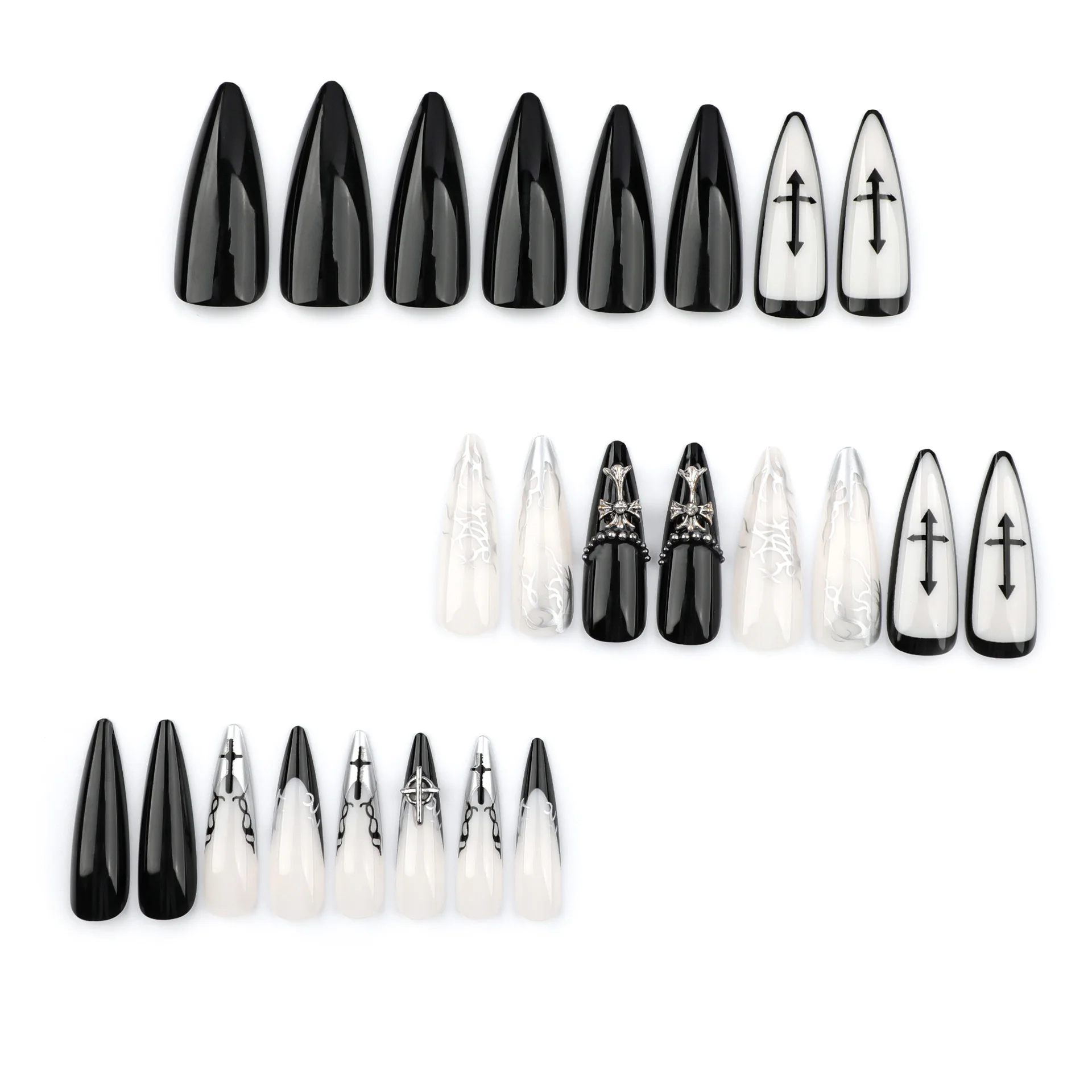 24개 롱 프레스온 네일, 글루 포함 아크릴 인조 손톱 팁, 장식 스티커 젤 가짜 손톱 세트 여성용, 네일 아트 키트