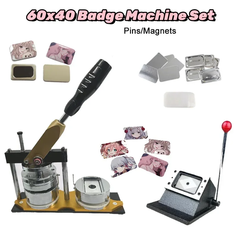 60x40mm Pin/Magnet Square Badge Machine Combination Set Includes Machine Mould Cutter and 100 Sets of Materials Complete Kit