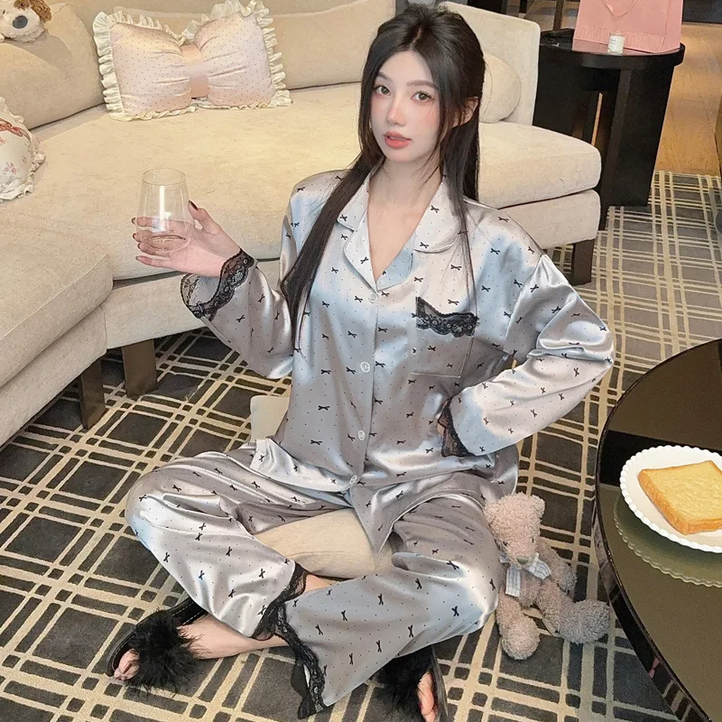 Pure Desire Lace Ice Silk Sleepwear for Women, Long Sleeve, Thin Spring and Autumn Version, Jacquard Bow High-End Cool Homewear