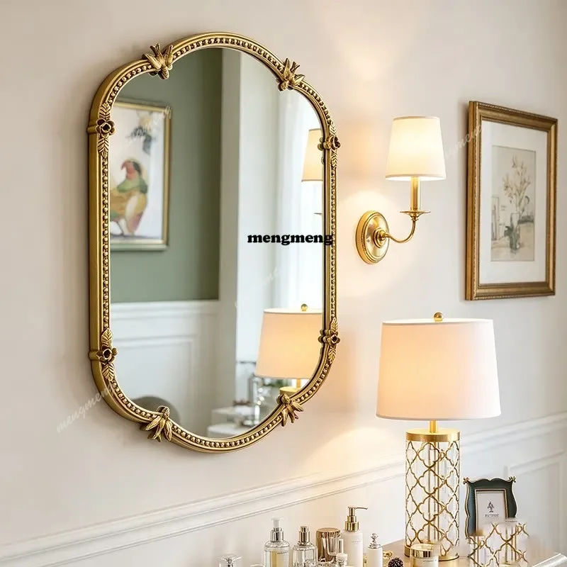 A68French vintage bathroom mirror hanging wall, American light luxury sink makeup mirror, European fireplace decorative mirror
