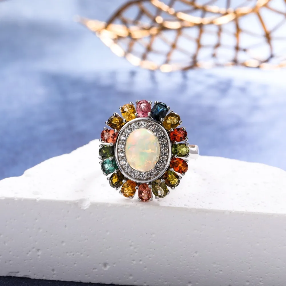 GZ ZONGFA Pure 925 Sterling Silve Big Flower Ring for Women Natural Opal Colorful Tourmaline Gems High Quality Fine Jewelry