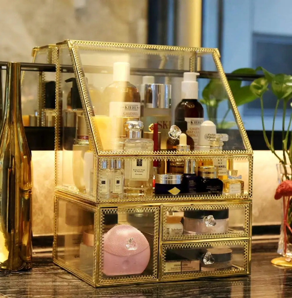 Golden Vintage Glass Cosmetic Makeup Organizer 3 Drawers Set Dust Waterproof Cosmetics Storage Display Case Countertop fo