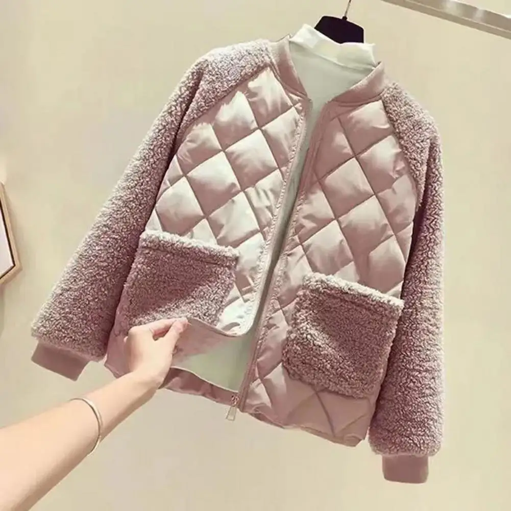 Women Winter Coat with Dual Pockets Fleece Patchwork Padded Thick Round Neck Long Sleeves Zipper Closure Jacket Warm Outdoor Out