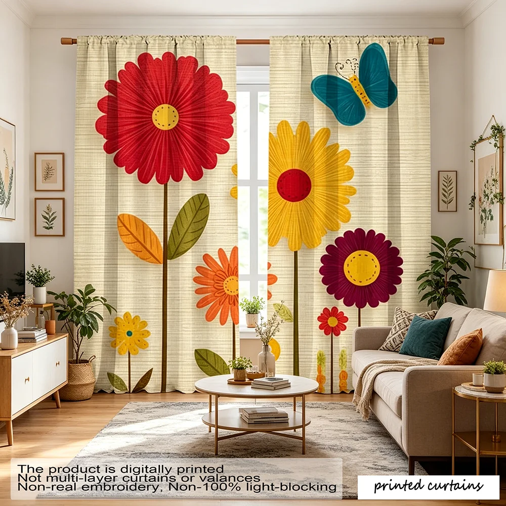 2PCS, beige & multi-color, retro childlike large flowers and butterfly print, American retro cartoon style, flat printed curtain
