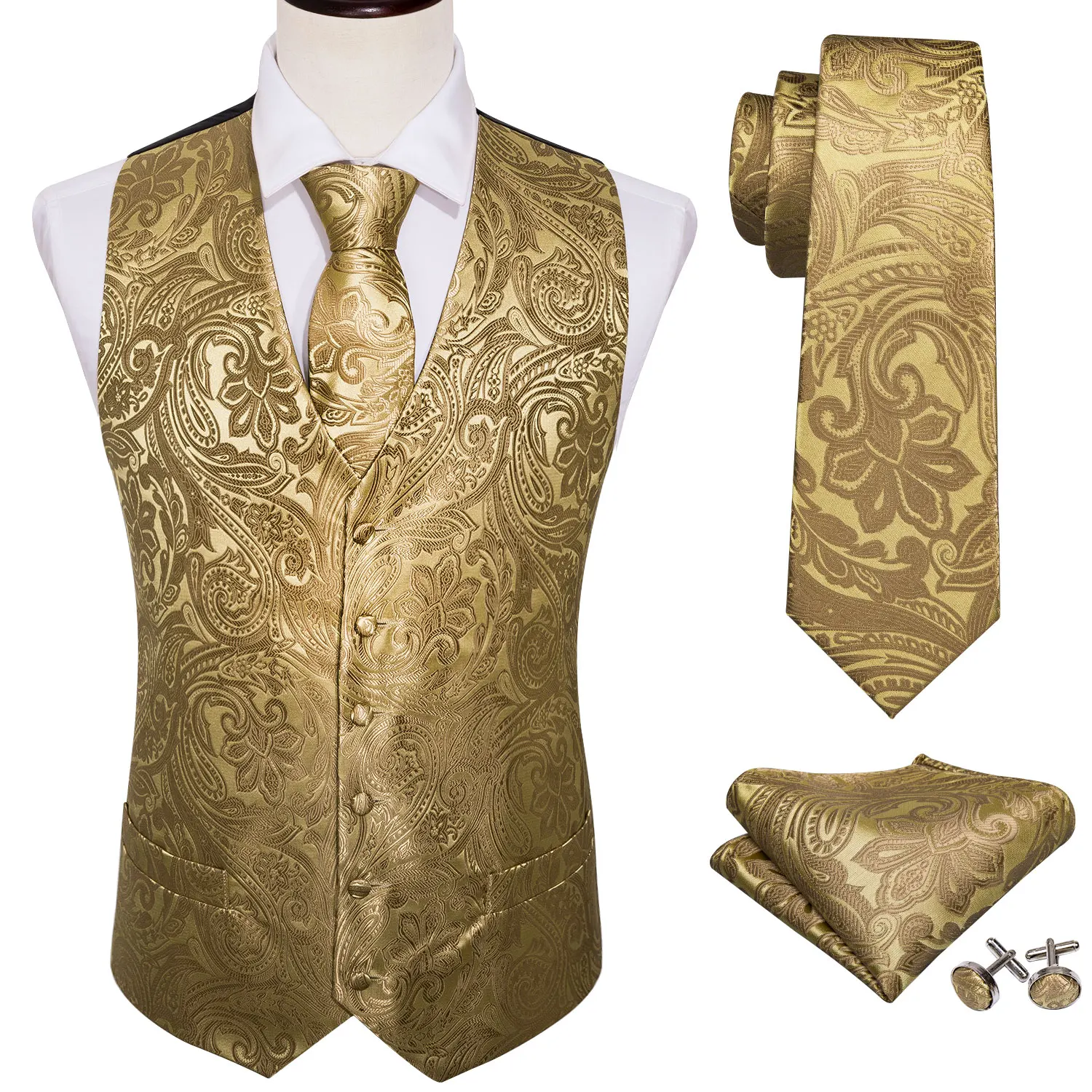 Luxury Men\'s Vest Silk Gold Black Red Blue Purple Green Paisley Plaid Waistcoat Hanky Set Slim Wedding Formal Barry Wang