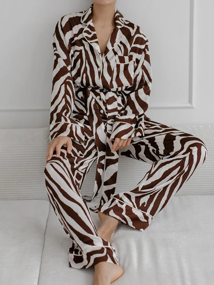 Women's Pajamas Zebra Striped Loose Sleepwear With Sashes Long Sleeve Pocket  Single-Breasted Night Wears For Women Home Sets