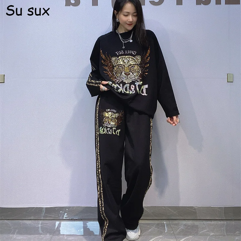 

Пуловеры с леопардовой головой и блестками, свитера, комплекты из 2 предметов, женская одежда, корейские модные комплекты брюк большого размера, верхняя одежда 2025 г.