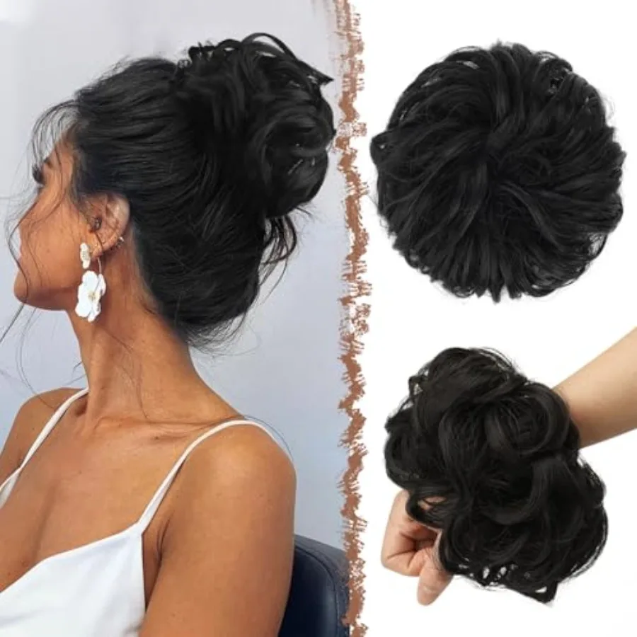 

Large messy bun hair pcs for daily wear, wavy synthetic chignon scrunchies in natural black, thick elastic ponytail extensions