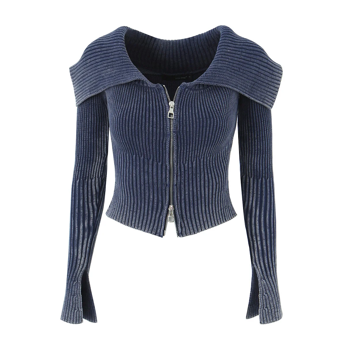 Vintage Rib Knitted Off the Shoulder Double Zipper Cardigan Women Slit Cuff Long Sleeve Slim fit Short Sweater Knitwear Jumper