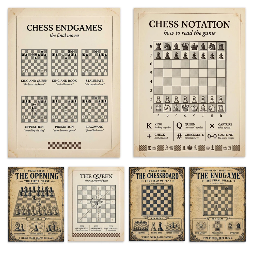 Chess King and Queen, chessboard structure, chess tactics, chess notation, retro educational posters, game room decorations