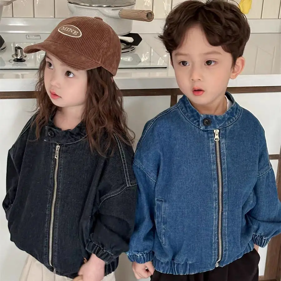 2-11Y Girls Boys Autumn Coats 2025 New Korean Fashionable Casual Daily Solid Color Zipper Long Sleeve Denim Spring Outerwear