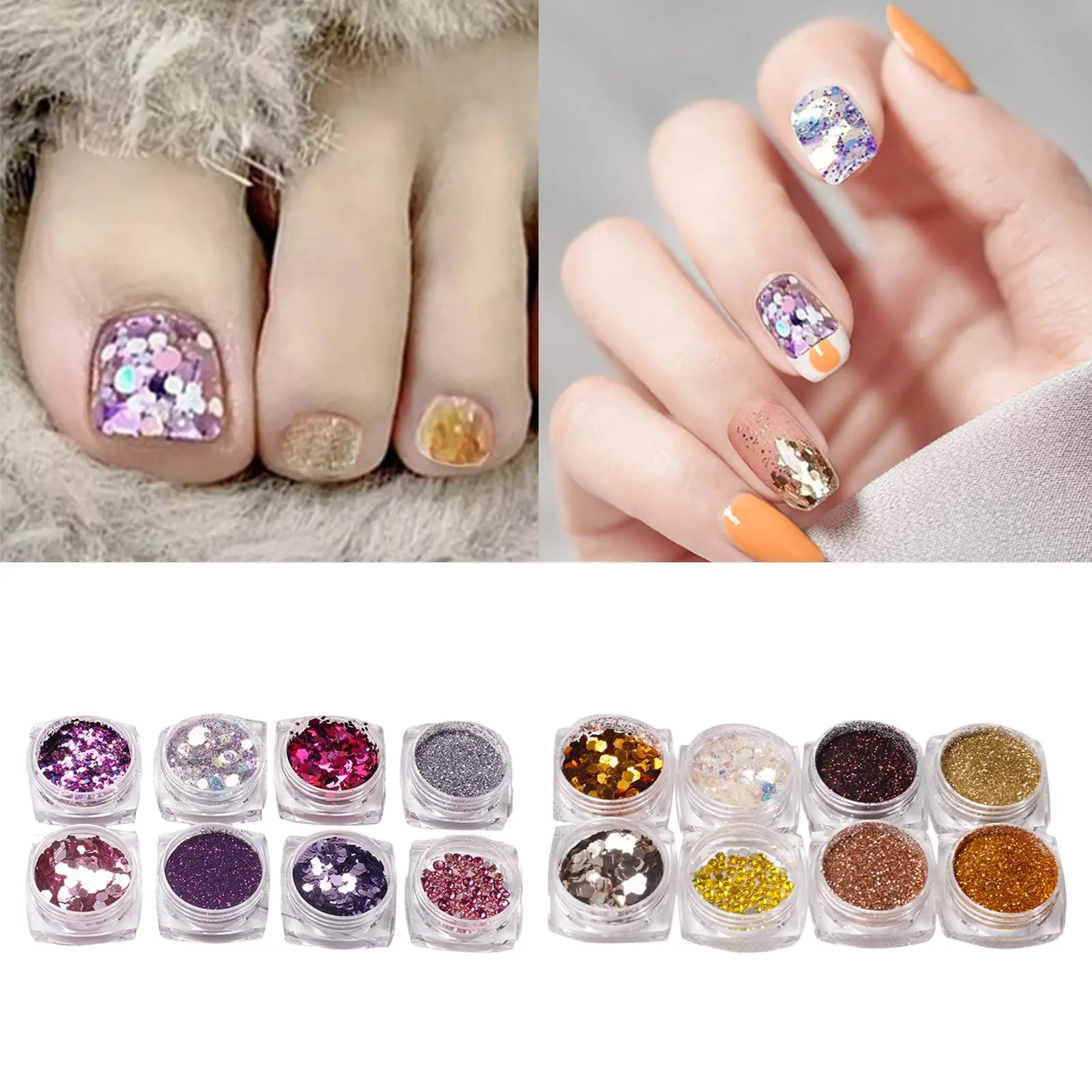 8 Pieces Sparkly Nail glitter Sequins Nail Supplies Charms bright for Stage