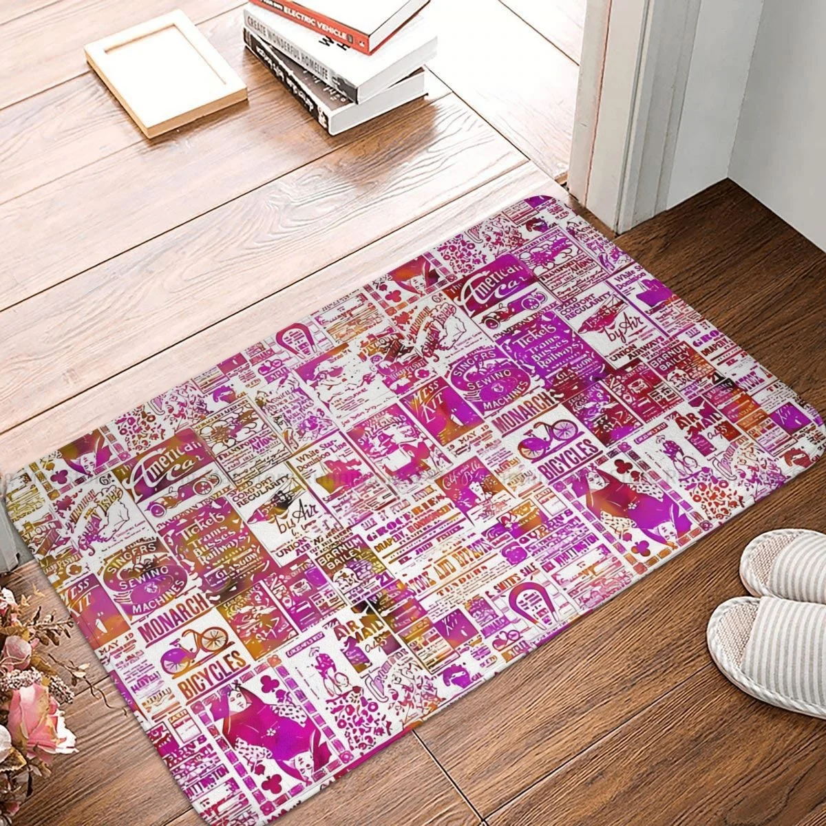 Newspaper Anti-Slip Doormat Bath Mat Vintage Magenta Floor Carpet Entrance Door Rug Indoor Decor