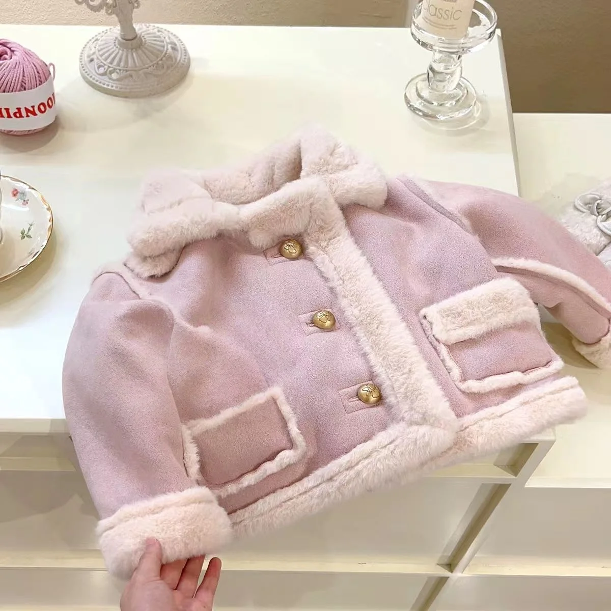 

2025 New Korean Style Toddler Girls Winter Coat Faux Shearling Thickened Fleece Pink Princess Jacket