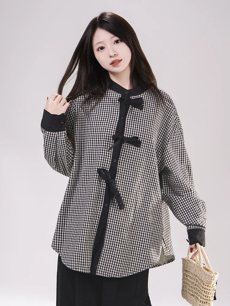 

Ретро ленивый круглый Ne Knot Plaid Fce Lined irt Женская зимняя внутренняя одежда Топ японский свободный крой из хлопка irt