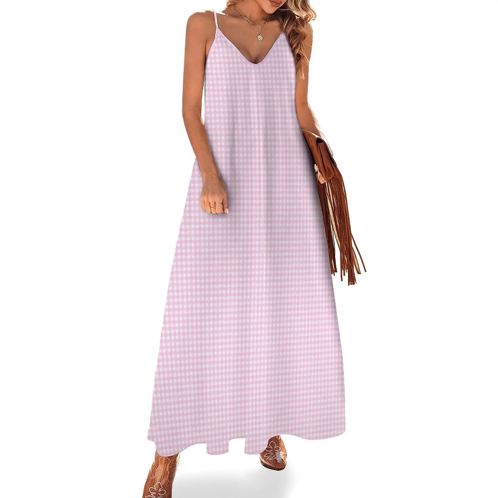 

Pink And White Gingham Check Pattern Sleeveless Dress Casual dresses Woman dresses