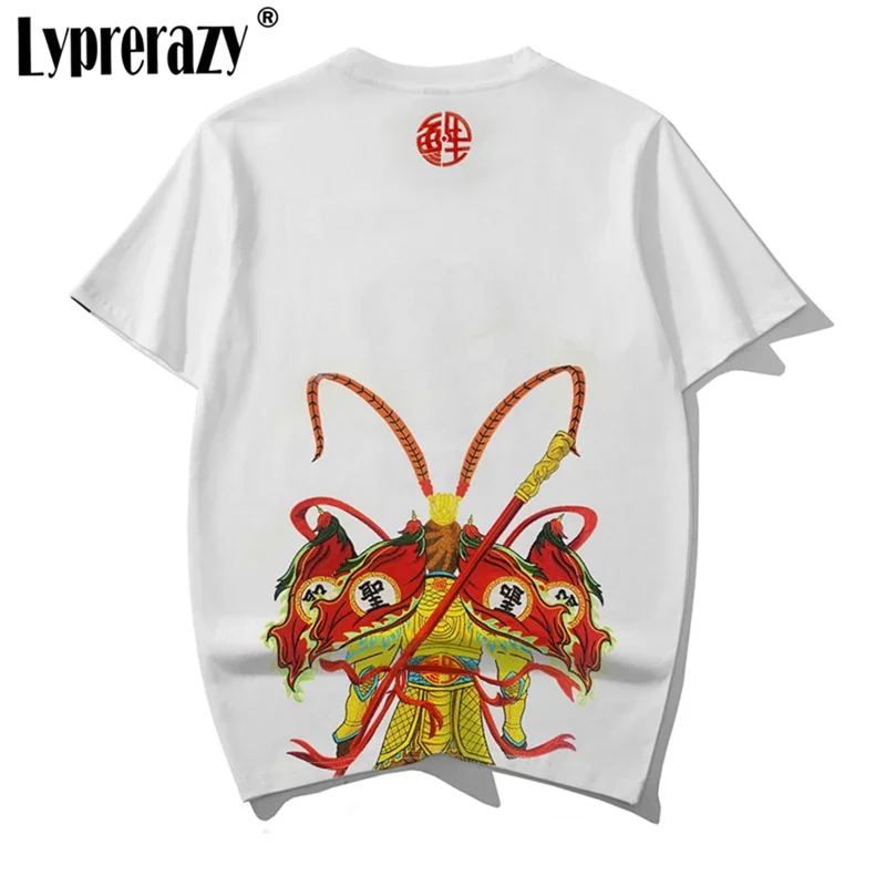 Lyprerazy Men's Chinese Style Great Sage Equalling Heaven Embroidered Short-Sleeved T-Shirt Summer Loose Cotton Top Tees