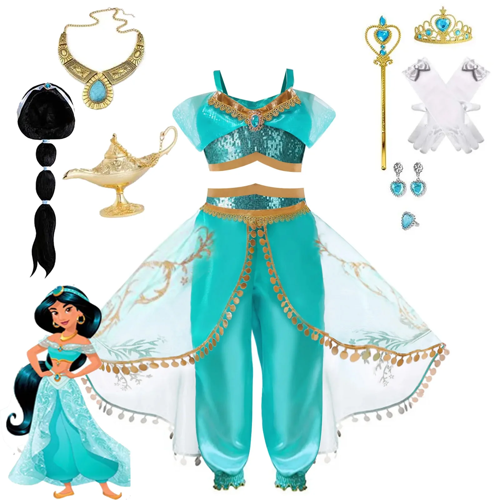 Disney Jasmine Princess Dress Birthday Party Carnival Cosplay Aladdin Magic Lamp Costume for Kids Vestidos Set Outfits Clothing