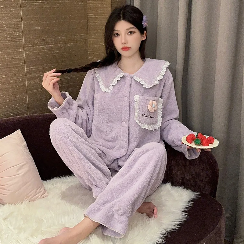سميكة المرجان بيجامة من الصوف مجموعة المرأة الشتاء أفخم الفانيلا ملابس المنزل الكورية الحلو ملابس خاصة لينة الفانيلا سترة Pjs