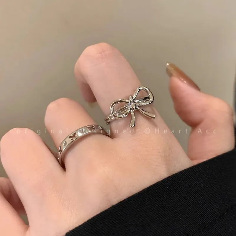 90s Aesthetic Bowknot Butterfly Ring for Women Vintage Harajuku Handmade Opening Ring Y2K Nana Coquette Accessories 2024 New