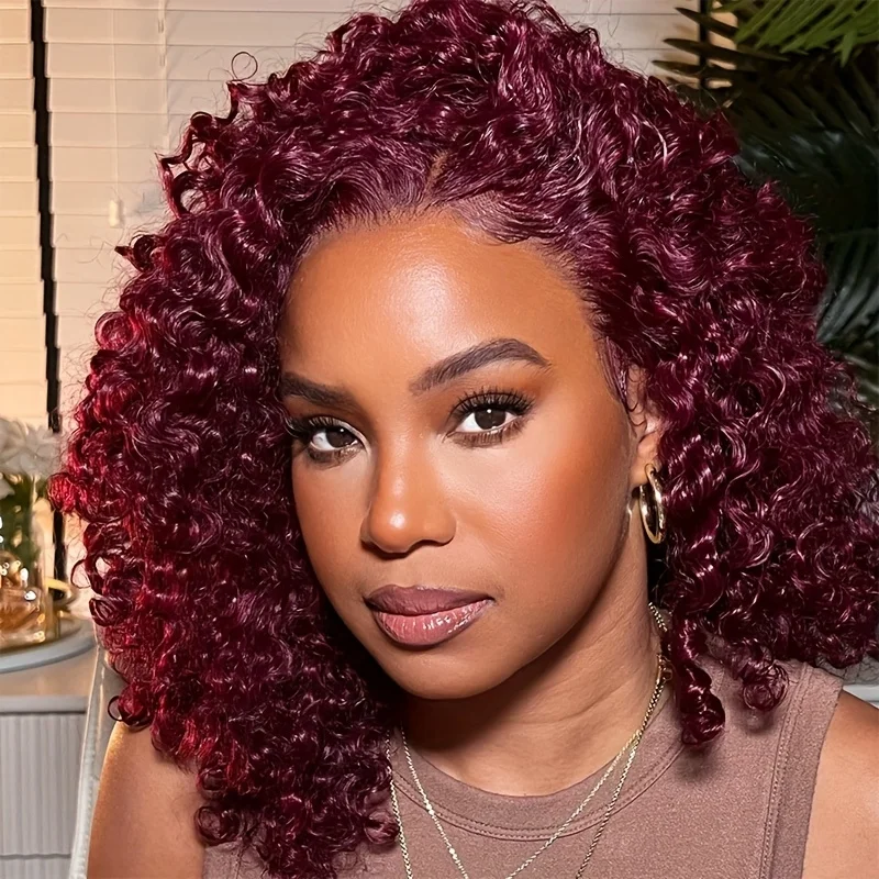 13x4 الدانتيل إغلاق ارتداء والذهاب موجة عميقة بوب شعر مستعار 200% الكثافة 99J شعر بشري مجعد الباروكات للنساء السود