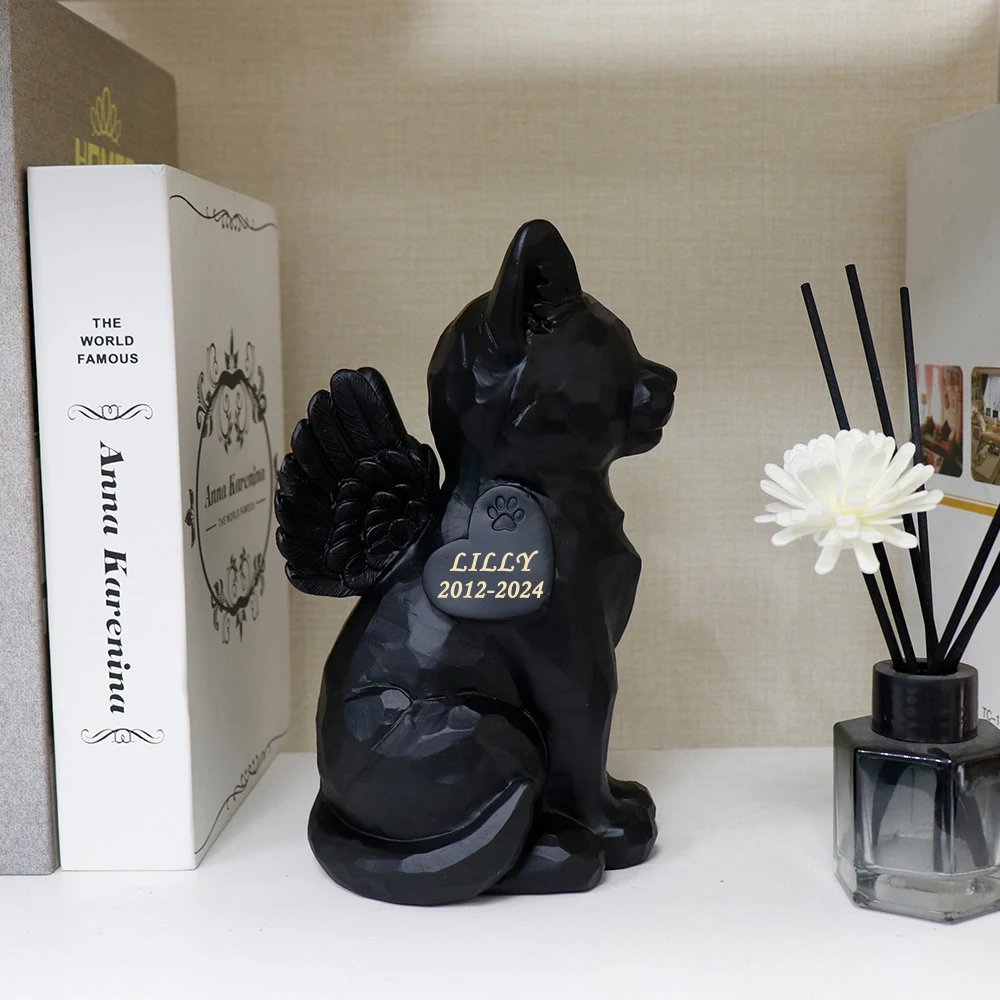 Personalized Black Cat Angel Memorial Garden Statue With Cat Cremation Urn Features- 7.4inch（H）