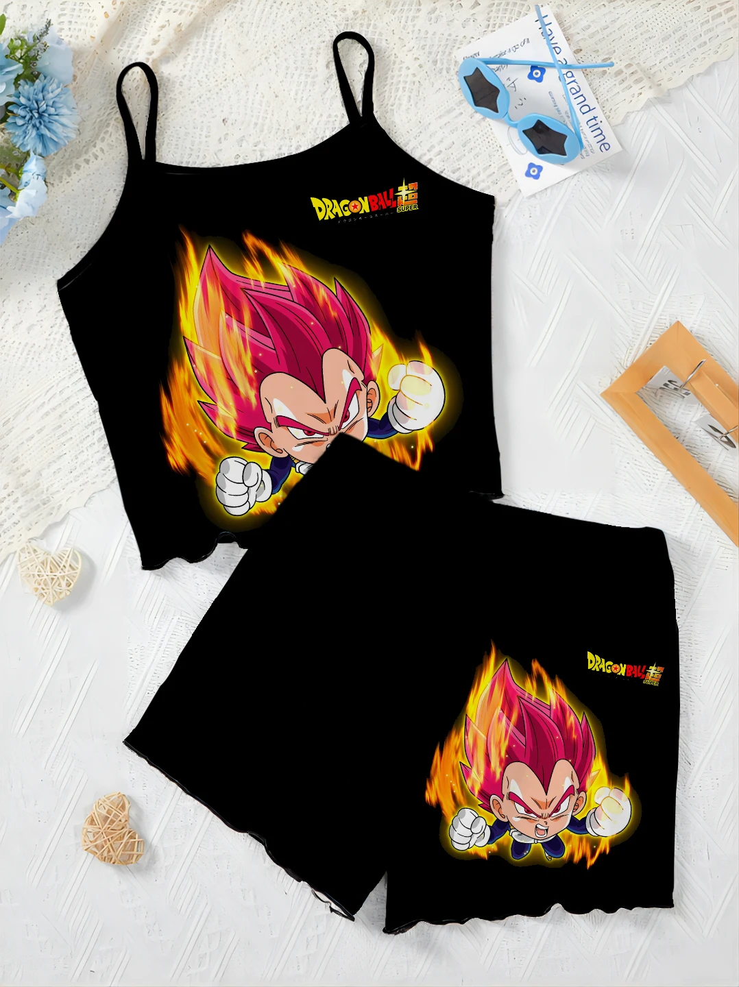 Slip Dress Short Sets for Women 2 Pieces T-shirt Women's Suit Top Pajama Skirt Dragon Ball Son Goku Two Piece Set Lettuce Trim