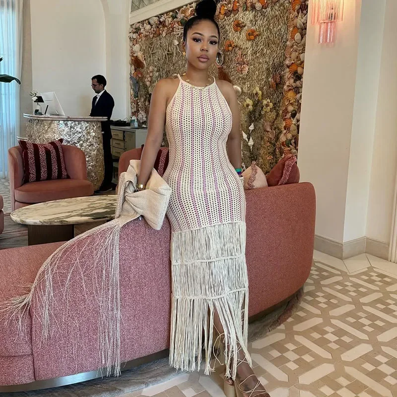 Striped Crochet Knitted Beach Summer Dresses Woman Sleeveless Spaghetti Strap Sheath Slim Fit Tassel Bodycon Maxi Dress Holiday