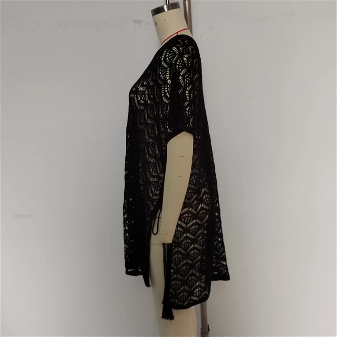 Strandkleid Strandmode Neues Kurzarm-V-Ausschnitt Einfarbiges Häkel-Strick-Tunika Strandkleidung Strandüberwurf Überwürfe Damen V7221 – Detail 15