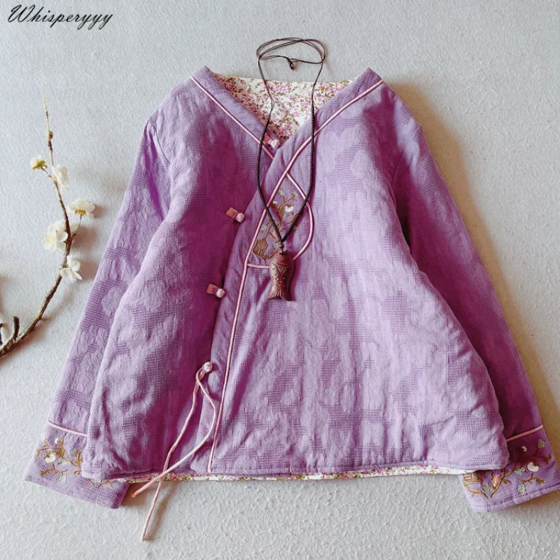 Chinese Style Embroidery Vintage Cotton and Linen Coat Thick Women\'s Winter Clothes Hanfu Tops Ethnic Style Cotton-padded Jacket