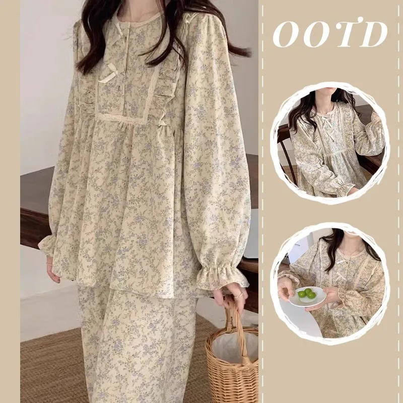 

Floral Sleepwear Women Pajama Sets Korean Vintage Piiama Long Sleeve Trouser Sets 2 Pieces Spring Night Wears Home Suit 2025 New