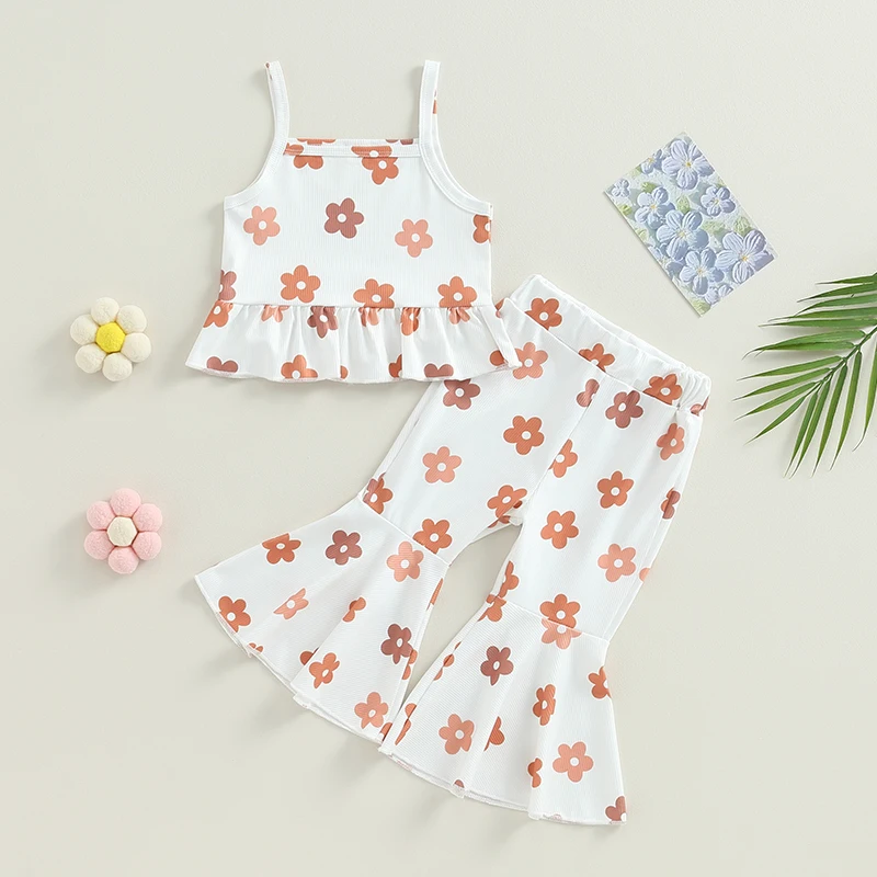 Toddler Girls 2PCS Pants Sets Sleeveless Cami Vest Tops Floral Flared Pants Sets Summer Casual Outfits 6Months-4Years