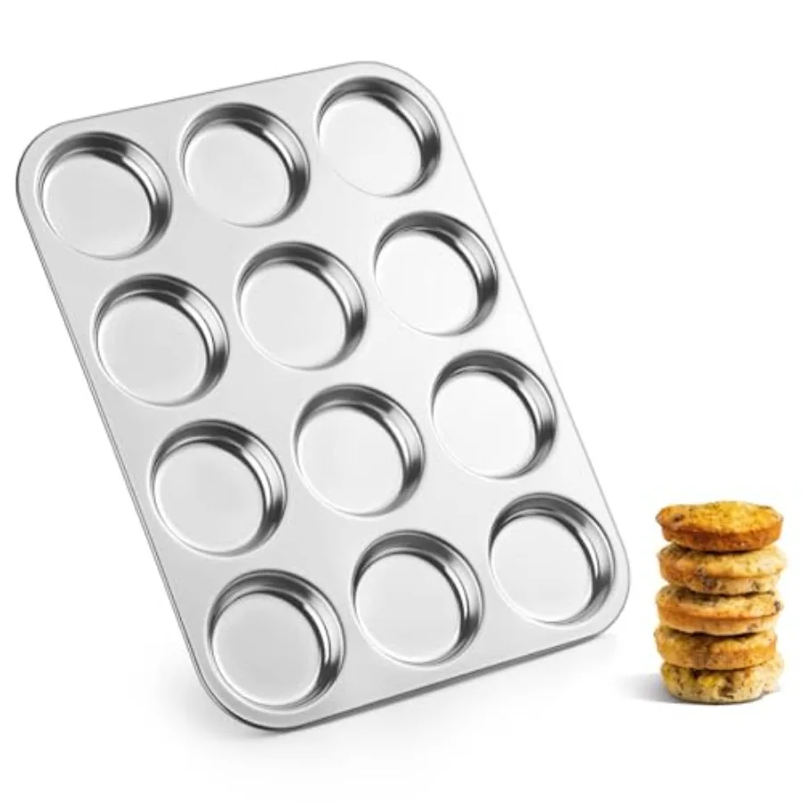 12-Cavity Muffin Top Pan, Shallow Cupcake Pan for Yorkshire Pudding, Eggs, Whoopie Pie, Cornbread, Non-toxic and Dishwasher Saf