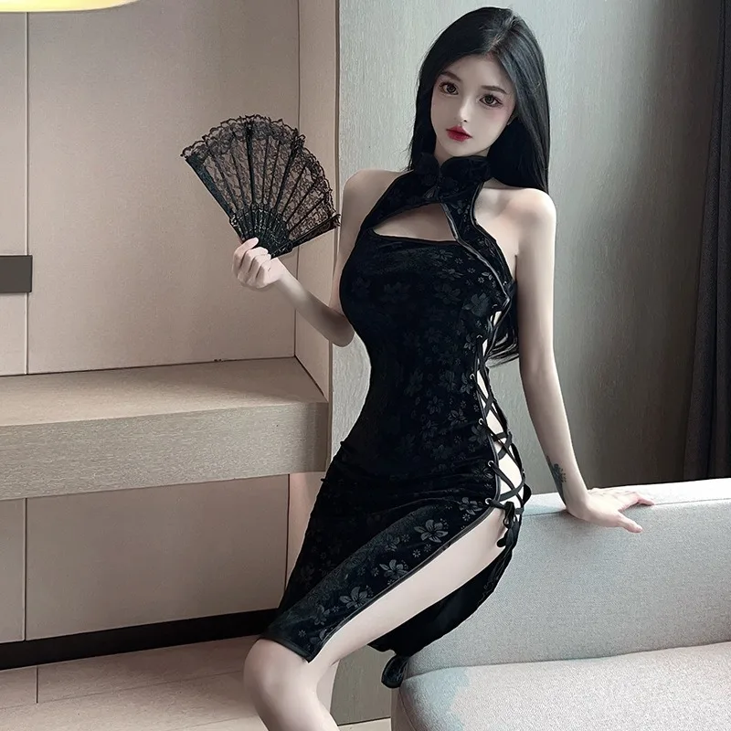 

Lady Sexy Lingerie Sexy Hollow Out No Need To Take Off Exposed Chest High Slit Side Straps Tempting Passion Cheongsam Nightgown