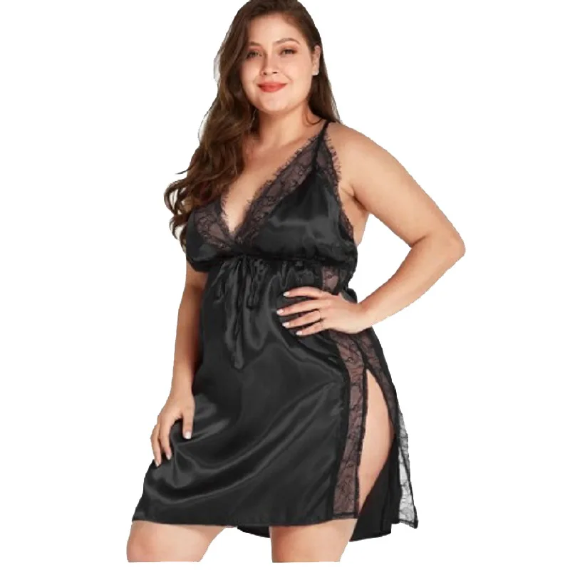 Plus Size Ladies Lace Sexy Sling Nightdress Women\'s Sexy Lingerie Satin Sleepwear Night Dress V-neck Nightgown V-neck Nightwear