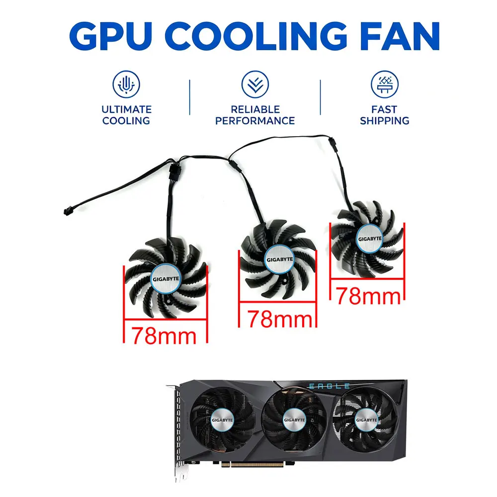 3PCS NEW Cooling Fan 78MM 4PIN PLD08010S12HH For Gigabyte Radeon RX 6600 6700 XT EAGLE  video card fans