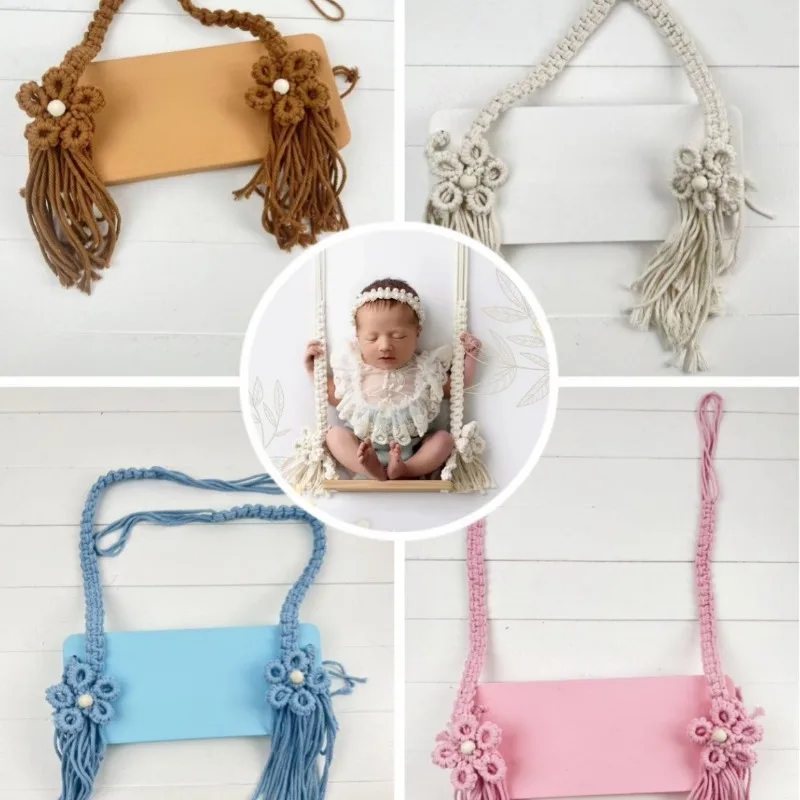 新生児写真撮影小道具-手織り木製ボヘミアン秋レーススイング-ヴィンテージベビー小道具