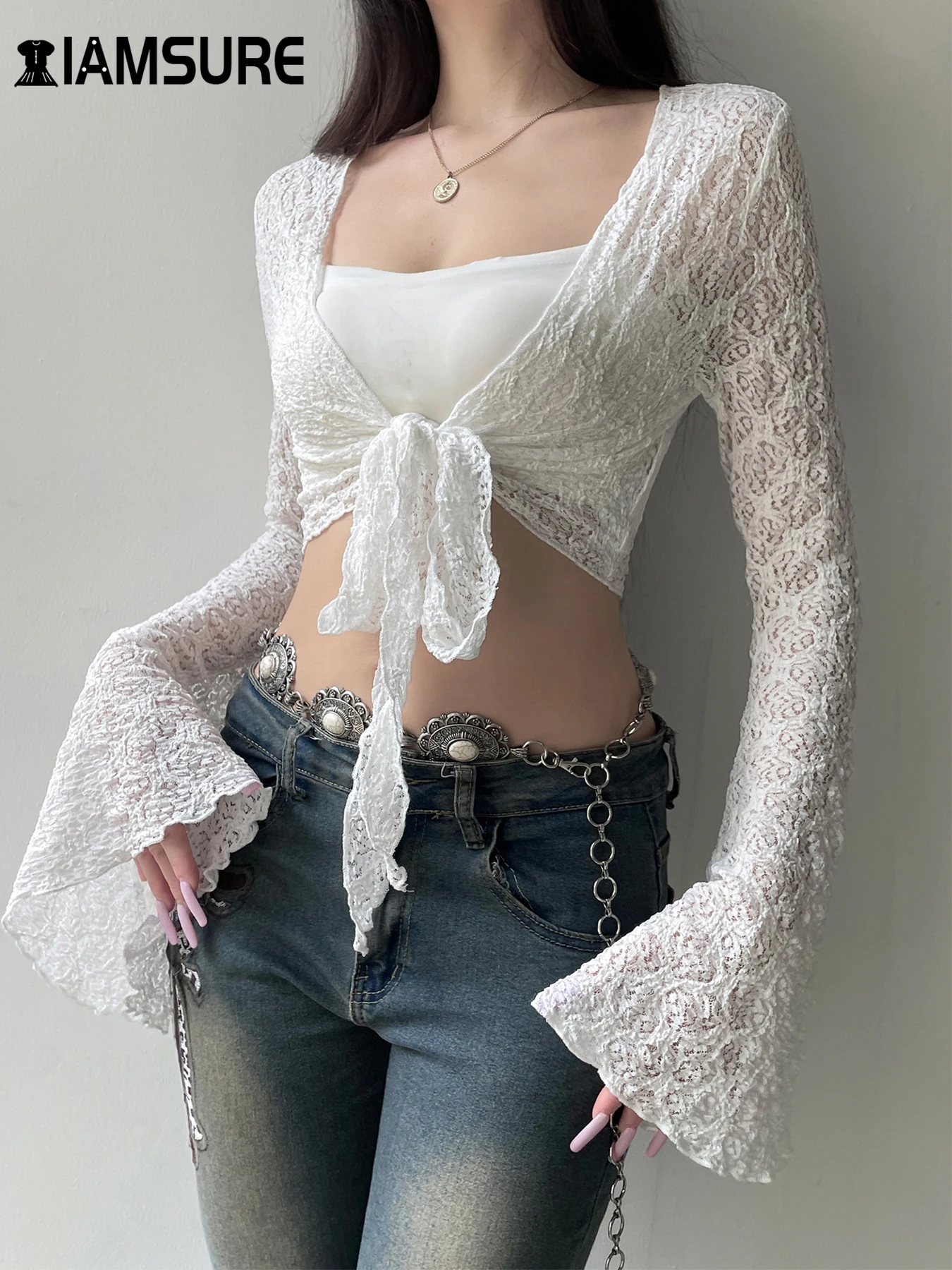 

IAMSURE Elegant Fashion Solid Bandage Cropped T Shirt Cardigans Slim Deep V-Neck Long Flare Sleeve Tees Women Autumn Spring Lady