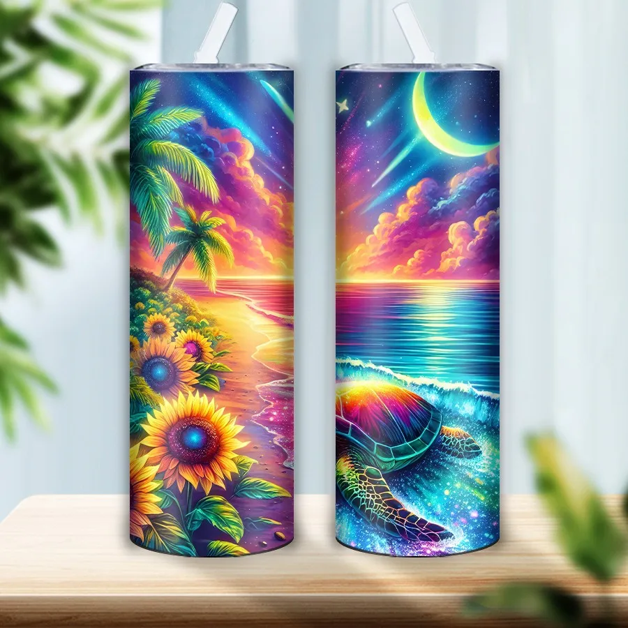 3D Print Seaside Beach Sunset Turtle Party Travel Tumbler Straw Lid Stainless Steel Hot Cold Insulated Festive Party Vacuum Mugs