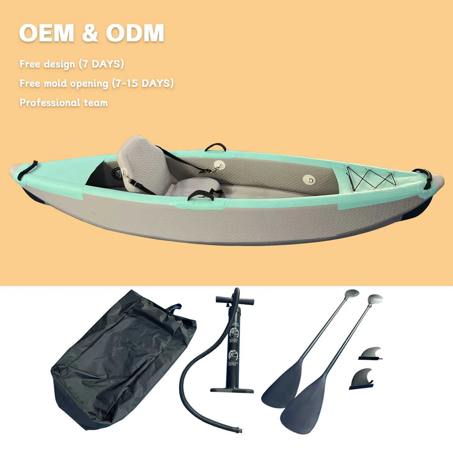 Hochwertiges aufblasbares Kajak aus PVC-Rumpfmaterial mit 12 Fuß, geeignet zum Seefischen für 1 Person, mit 13 Zubehörteilen