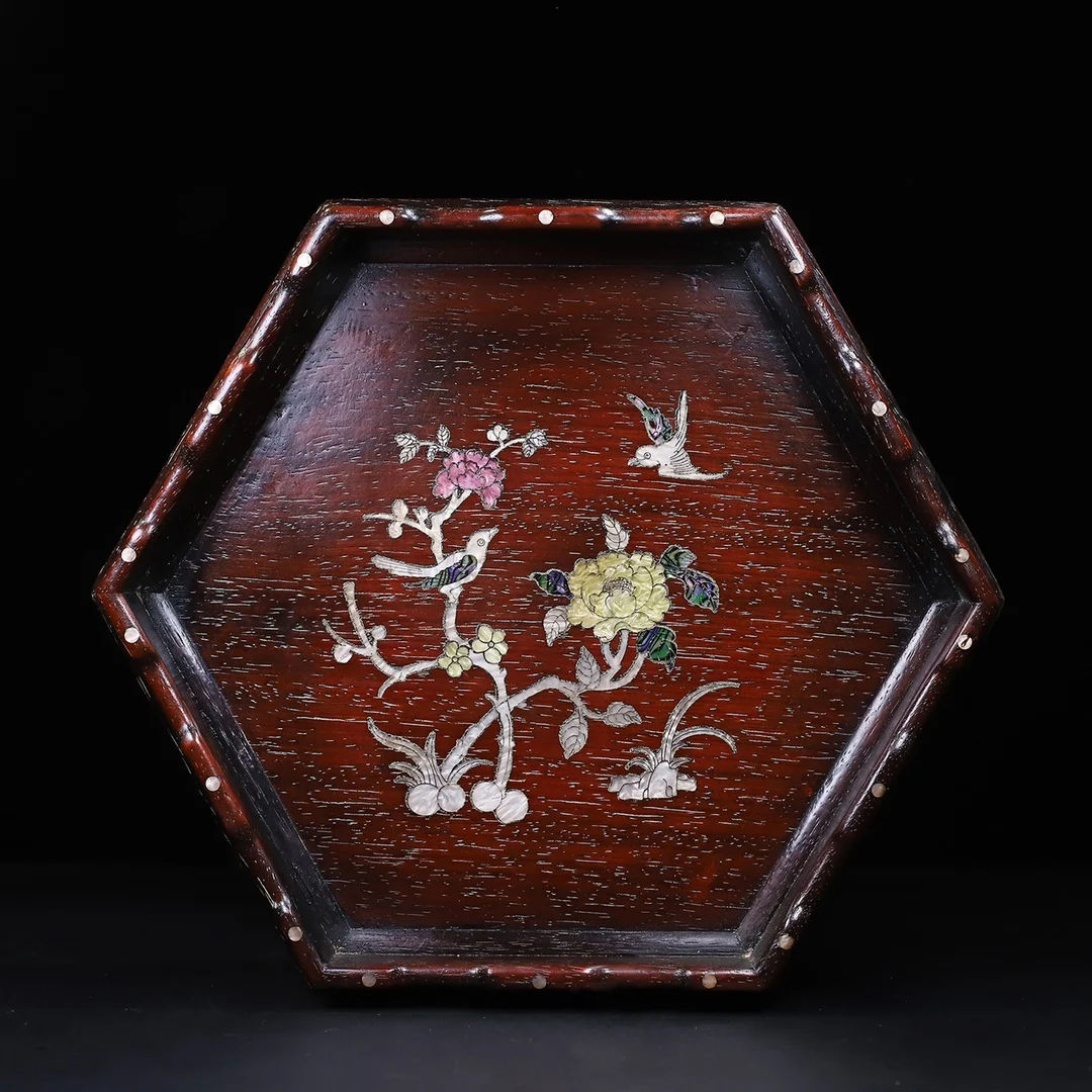 Rosewood Tea With Inlaid Shells And Hexagonal Curved Edges Storage Tray 2