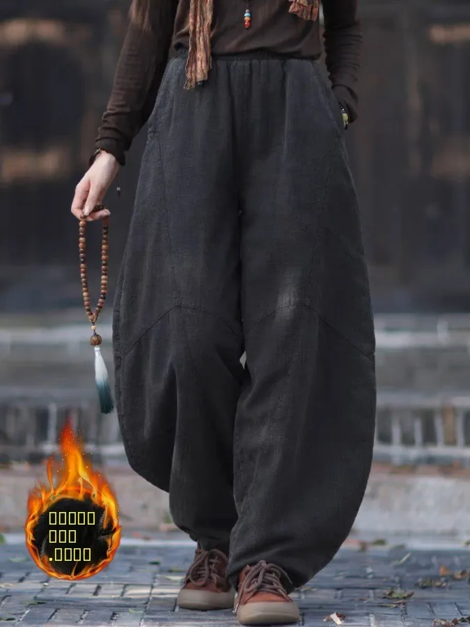 Thiened القطن الكتان سراويل شتوية المرأة الجديدة Sle Zen التأمل فضفاض تاي تشي فانوس السراويل الدفء مستقيم الساق بنطلون