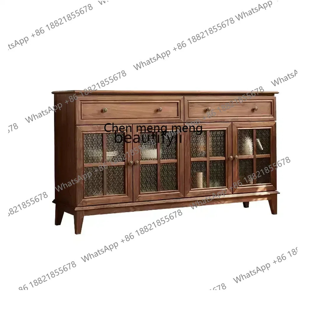 

American all-solid wood retro glass door dining side cabinet, antique black walnut chest cabinet, living room storage locker