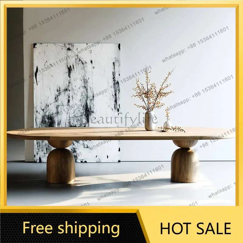 Nordic solid wood oval dining table wabi-sabi light luxury minimalist desk