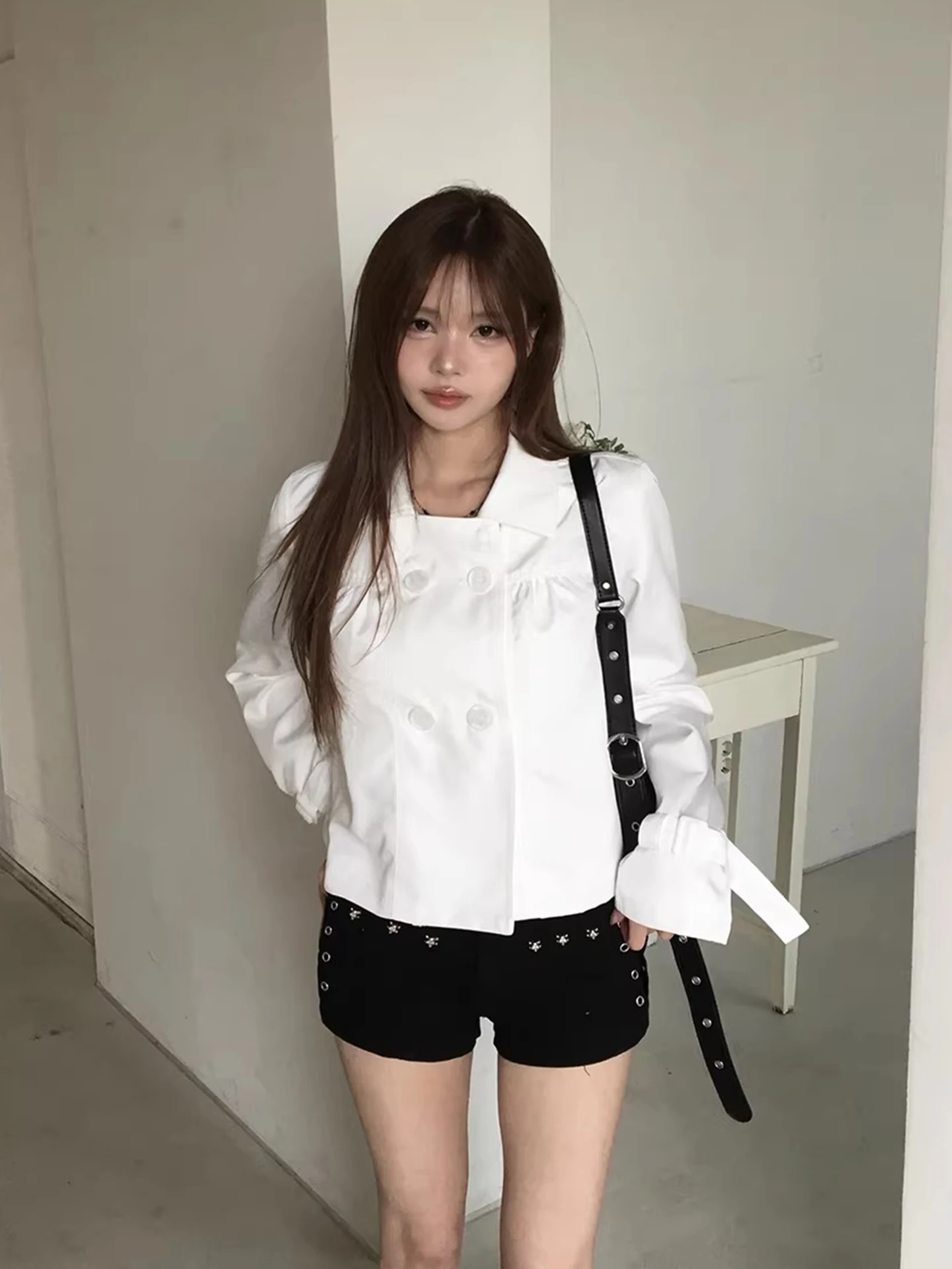 Spring New Design Double-Row Button Short Coat Casual Versatile Jacket Women's Turn-down Collar Outerwear Polyester Fiber