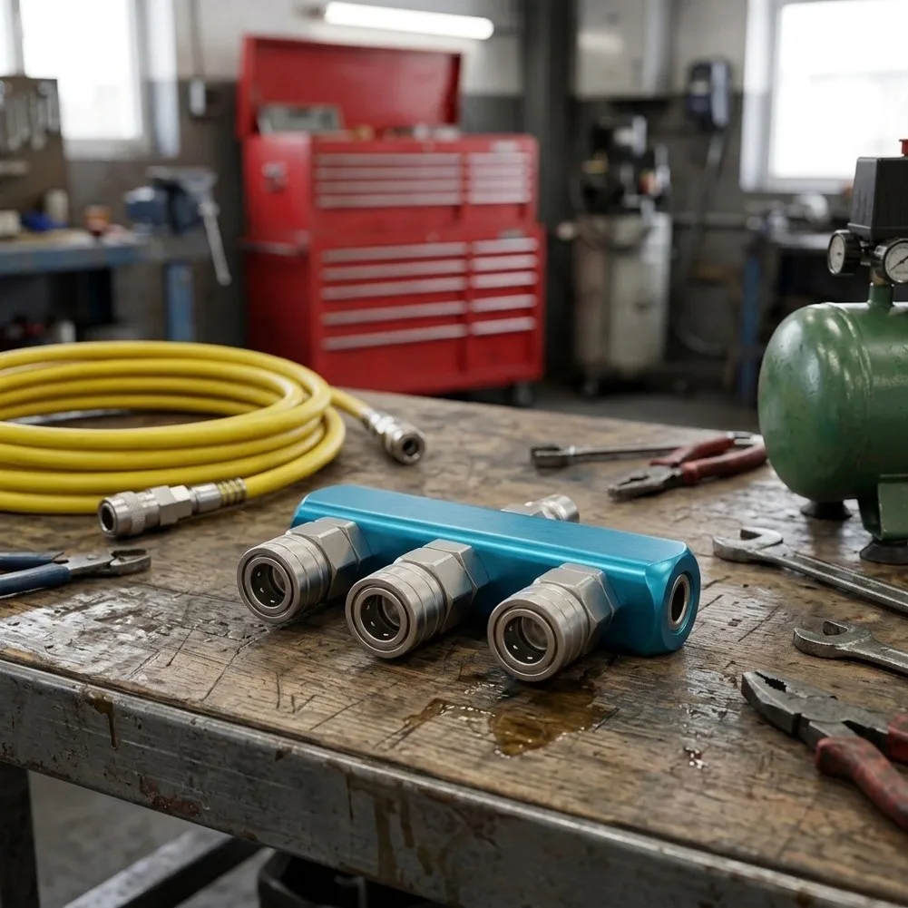 Sturdy Aluminum 3 Way 4 Port Air Manifold with 1/4in NPT Connector Designed for Repeated Connection Cycles in Factories
